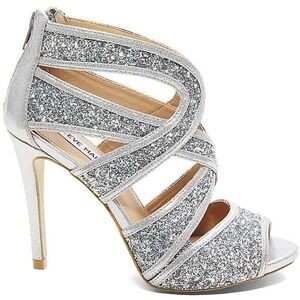 Steve Madden Immence Silver Sparkly‎ Glitter Strappy Heels Stilettos Size 8.5